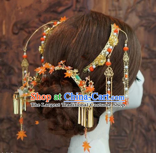 Chinese Handmade Ancient Wedding Hair Accessories Maple Leaf Hairpins Complete Set for Women
