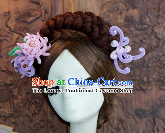 Top Grade Chinese Handmade Hair Accessories Qing Dynasty Princess Purple Velvet Chrysanthemum Hairpins for Women