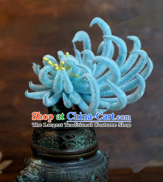 Chinese Handmade Ancient Hair Accessories Qing Dynasty Princess Blue Velvet Chrysanthemum Hairpins for Women