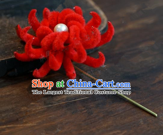 Chinese Handmade Ancient Hair Accessories Qing Dynasty Princess Red Velvet Flower Hairpins for Women