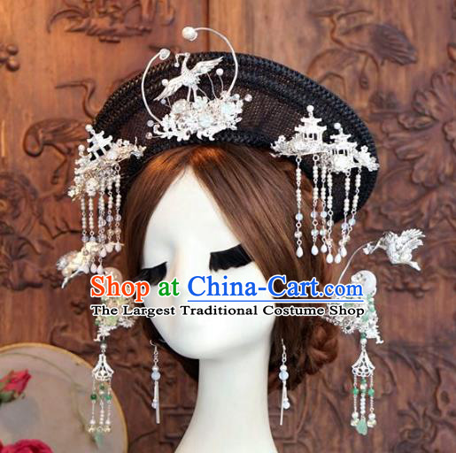 Chinese Ancient Handmade Hanfu Crane Hairpins Wedding Hair Accessories Complete Set for Women