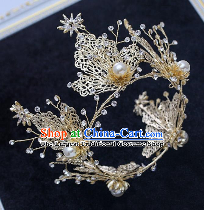 Handmade Baroque Bride Golden Round Royal Crown Wedding Hair Jewelry Accessories for Women