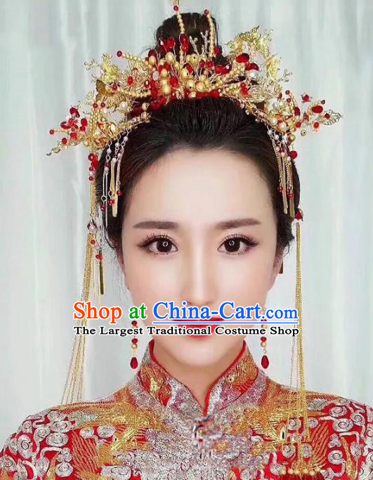 Chinese Ancient Handmade Xiuhe Suit Golden Phoenix Coronet Hairpins Hair Accessories for Women