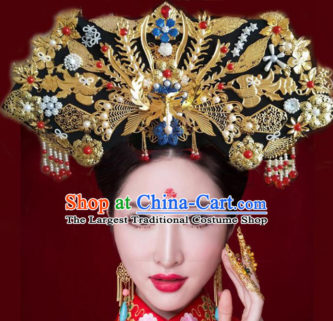 Chinese Ancient Bride Phoenix Coronet Qing Dynasty Palace Lady Handmade Hairpins Hair Accessories for Women