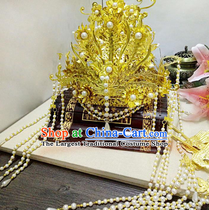 Chinese Ancient Handmade Golden Phoenix Coronet Hairpins Queen Hair Accessories Step Shake Complete Set for Women