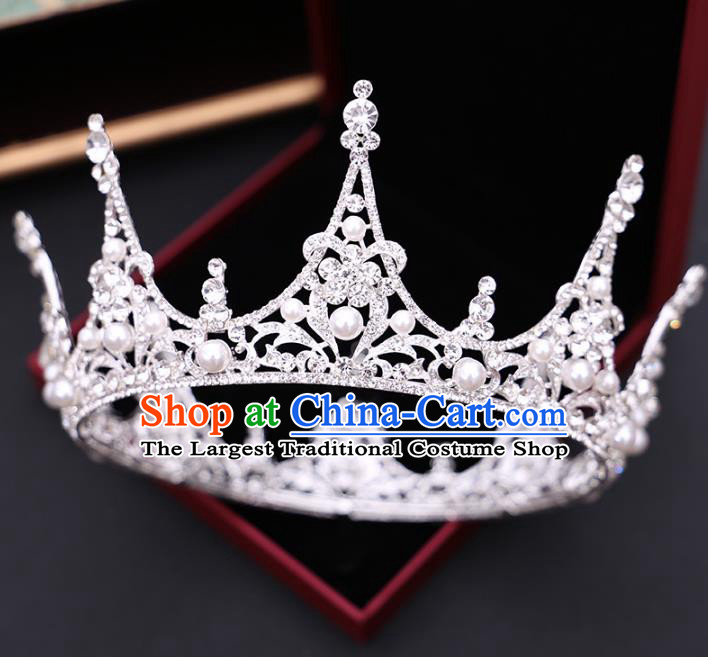 Handmade Baroque Bride Zircon Pearls Royal Crown and Earrings Wedding Queen Hair Jewelry Accessories for Women