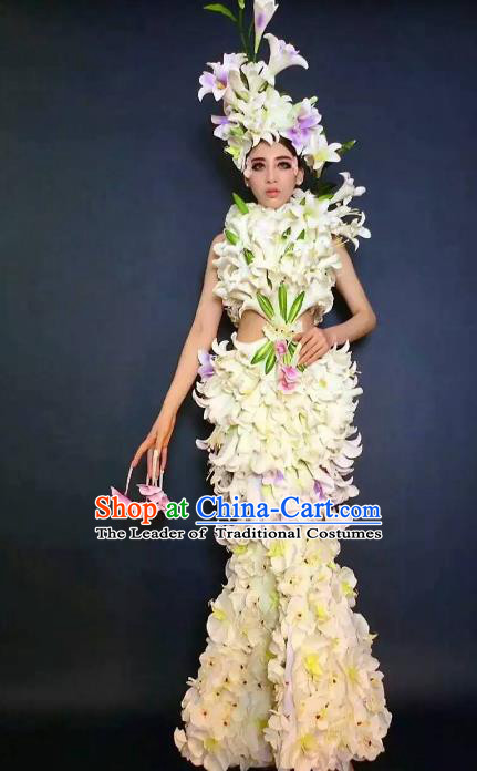 Top Grade Catwalks Costume Stage Performance Model Show Lily Flowers Dress for Women