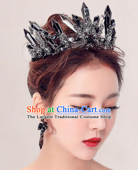Handmade Baroque Bride Baroque Black Crystal Royal Crown Wedding Queen Hair Jewelry Accessories for Women