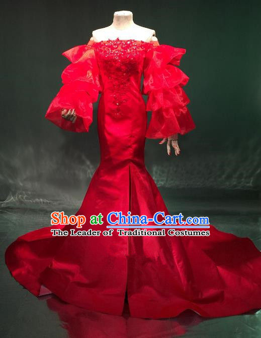 Top Grade Catwalks Costume Stage Performance Model Show Red Trailing Dress for Women