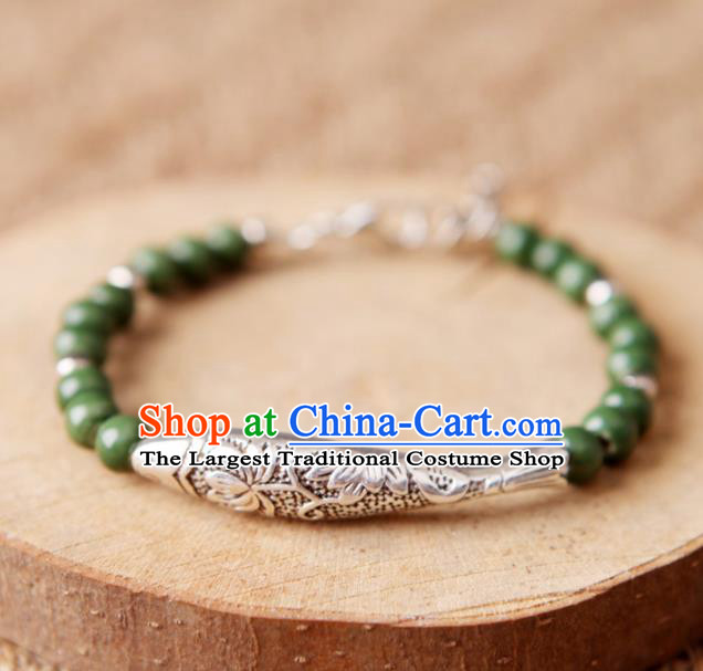 Top Grade Chinese Handmade Ceramics Green Beads Carving Fish Bracelet for Women