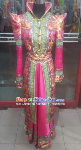 Chinese Traditional Folk Dance Costume Mongol Nationality Rosy Dress for Women