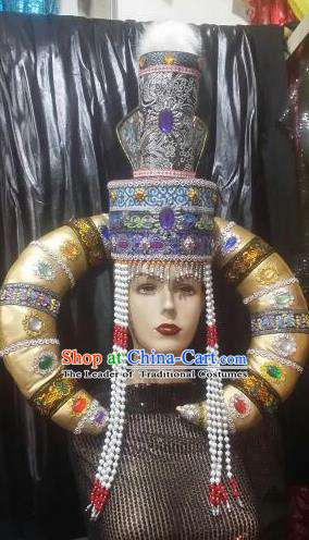 Chinese Traditional Mongolian Queen Purple Hats China Mongol Nationality Wedding Headwear for Women