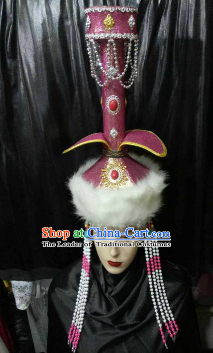 Chinese Traditional Mongolian Bride Purple Hats China Mongol Nationality Wedding Headwear for Women