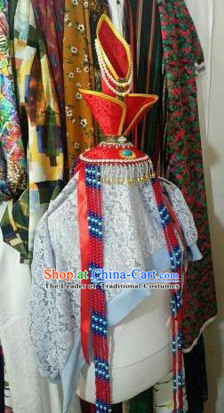 Chinese Traditional Mongolian Wedding Red Hats Mongol Nationality Folk Dance Headwear for Women
