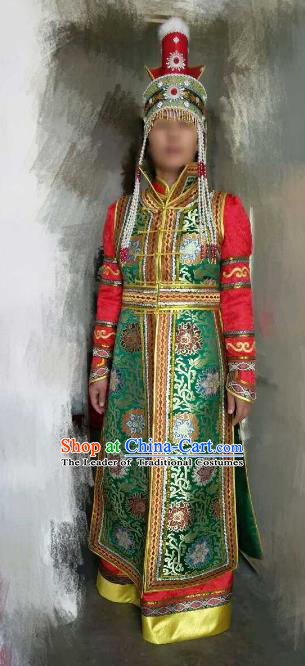 Chinese Traditional Mongolian Costume China Mongol Nationality Green Dress for Women