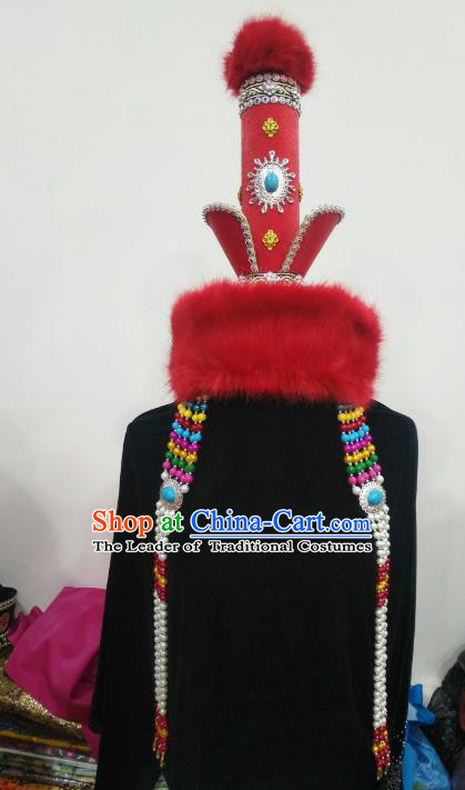 Chinese Traditional Mongolian Red Hats Mongol Nationality Hair Accessories Folk Dance Headwear for Women