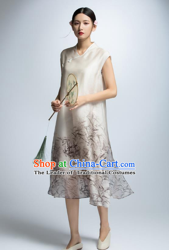 Chinese Traditional Printing Bamboo Cheongsam Dress China National Costume for Women