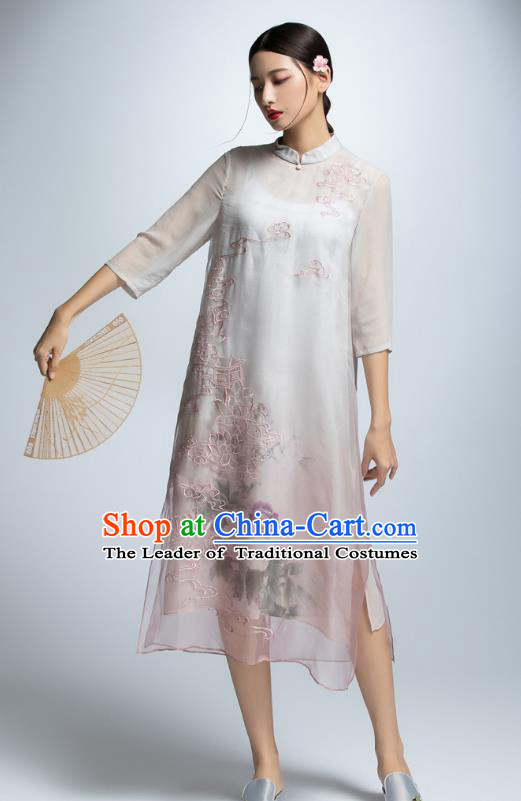 Chinese Traditional Embroidered Lotus Cheongsam Dress China National Costume for Women