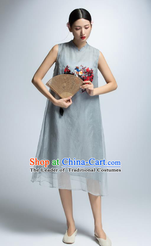 Chinese Traditional Embroidered Grey Cheongsam Dress China National Costume for Women
