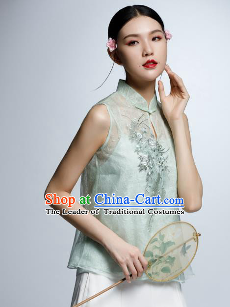 Chinese Traditional Costume Embroidered Green Cheongsam Blouse China National Upper Outer Garment Shirt for Women