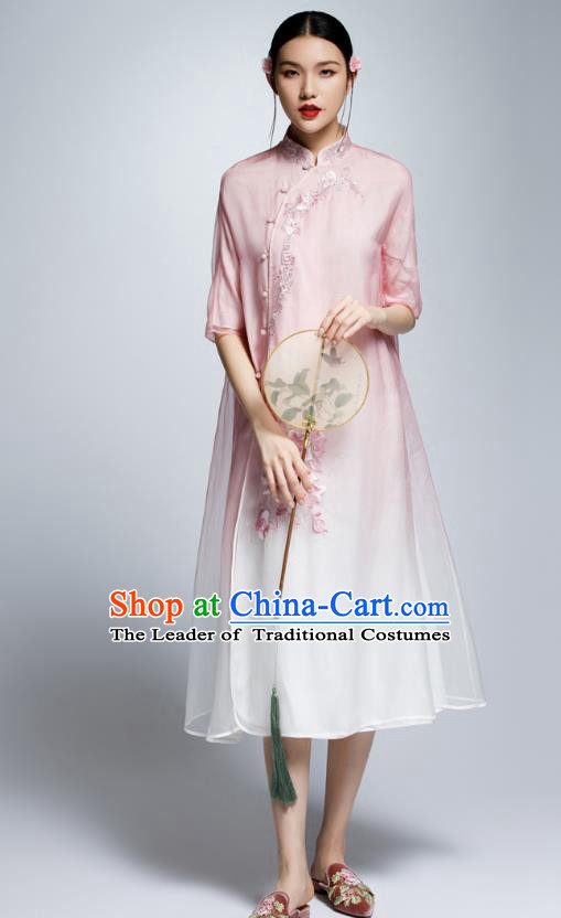 Chinese Traditional Pink Organza Cheongsam China National Costume Tang Suit Qipao Dress for Women