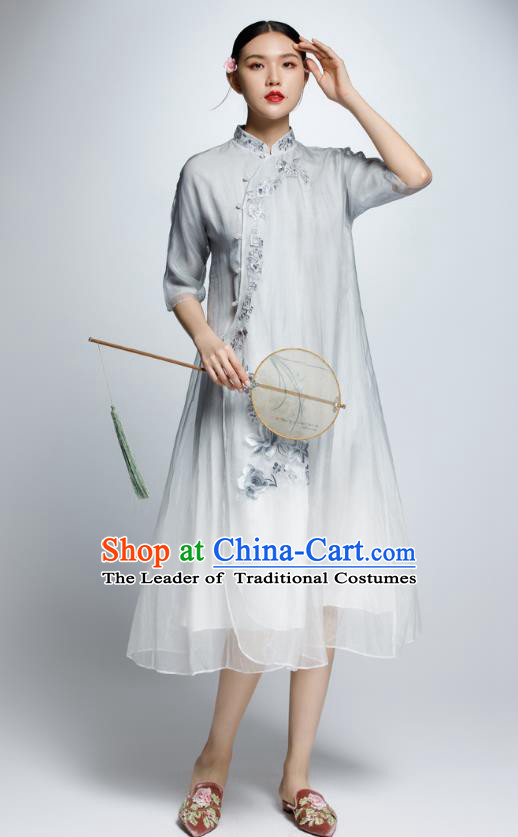 Chinese Traditional Grey Organza Cheongsam China National Costume Tang Suit Qipao Dress for Women