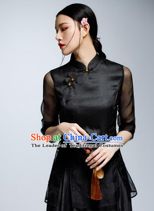Chinese Traditional Costume Black Cheongsam Blouse China National Upper Outer Garment Shirt for Women
