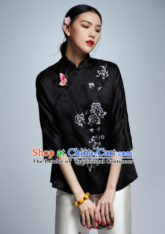 Chinese Traditional Costume Embroidered Black Cheongsam Blouse China National Upper Outer Garment Shirt for Women