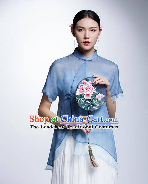 Chinese Traditional Tang Suit Blue Blouse China National Upper Outer Garment Cheongsam Shirt for Women
