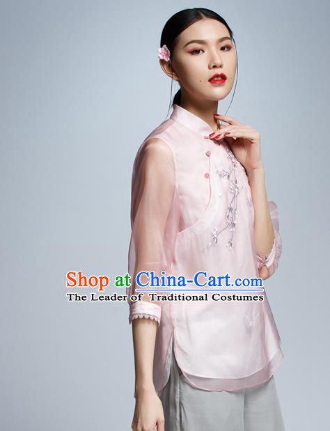 Chinese Traditional Costume Embroidered Plum Blossom Pink Cheongsam Blouse China National Upper Outer Garment Shirt for Women