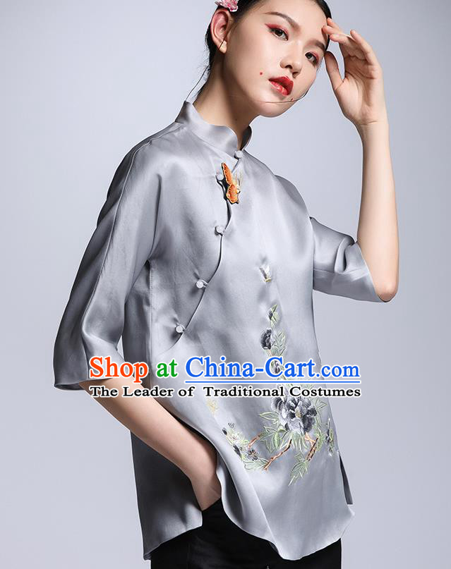 Chinese Traditional Tang Suit Grey Silk Blouse China National Upper Outer Garment Cheongsam Shirt for Women