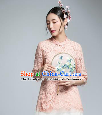 Chinese Traditional Tang Suit Pink Lace Blouse China National Upper Outer Garment Shirt for Women