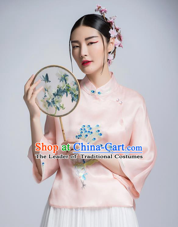 Chinese Traditional Tang Suit Pink Silk Blouse China National Upper Outer Garment Shirt for Women