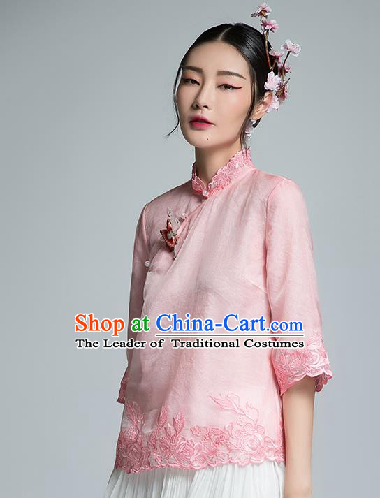 Chinese Traditional Tang Suit Embroidered Pink Blouse China National Upper Outer Garment Shirt for Women