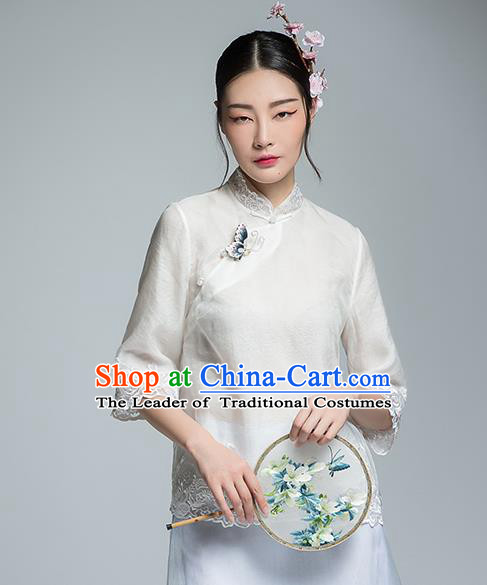 Chinese Traditional Tang Suit Embroidered White Blouse China National Upper Outer Garment Shirt for Women