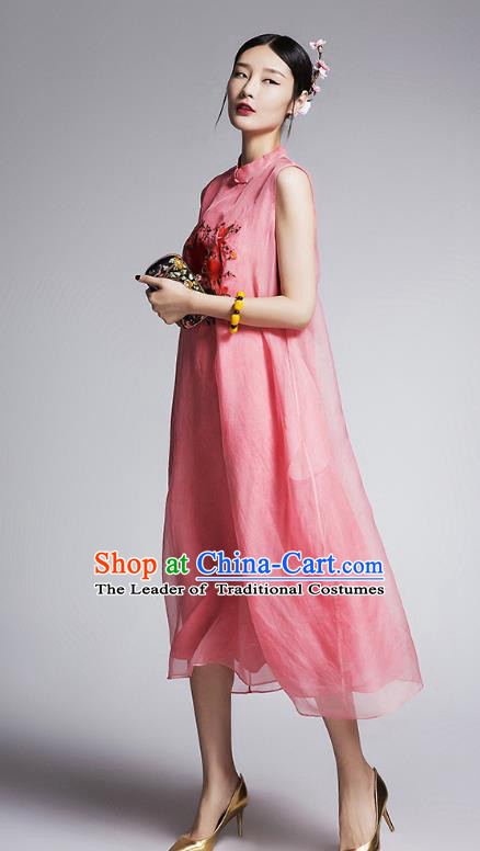 Chinese Traditional Tang Suit Embroidered Peony Cheongsam China National Pink Qipao Dress for Women