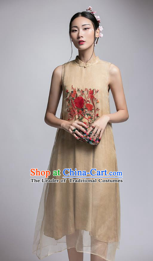 Chinese Traditional Tang Suit Embroidered Peony Cheongsam China National Khaki Qipao Dress for Women