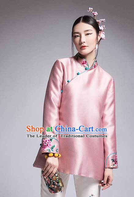 Chinese Traditional Tang Suit Pink Cotton-Padded Jacket China National Upper Outer Garment Coat for Women