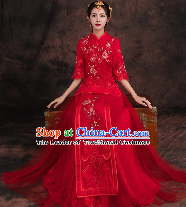 Traditional Chinese Embroidered Flowers Xiuhe Suit Ancient Wedding Red Dress Toast Cheongsam for Women