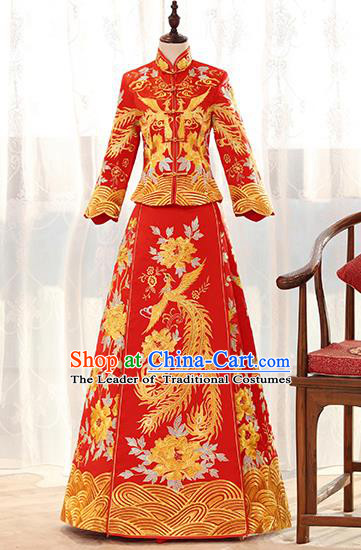 Traditional Chinese Ancient Red Bottom Drawer Embroidered Peony Phoenix Xiuhe Suit Wedding Dress Toast Cheongsam for Women
