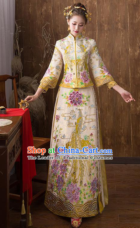 Traditional Chinese Ancient Yellow Diamante Toast Cheongsam Embroidered Peony Bottom Drawer Xiuhe Suit Wedding Dress for Women