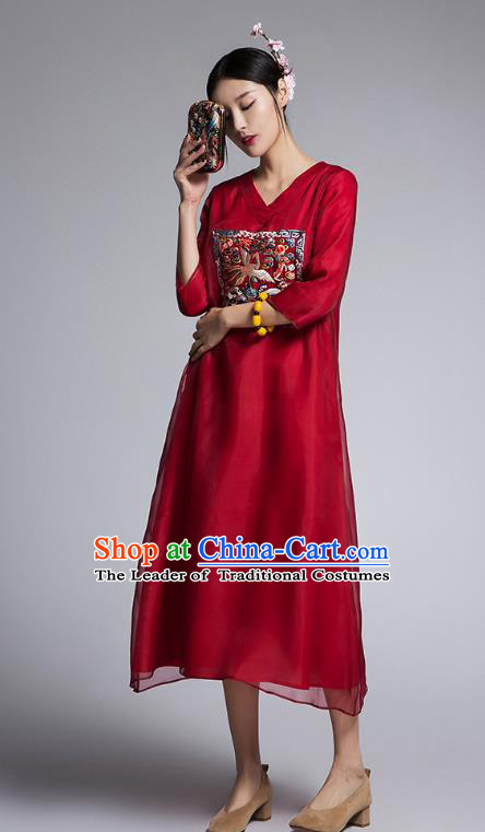Chinese Traditional Tang Suit Embroidered Crane Red Cheongsam China National Qipao Dress for Women