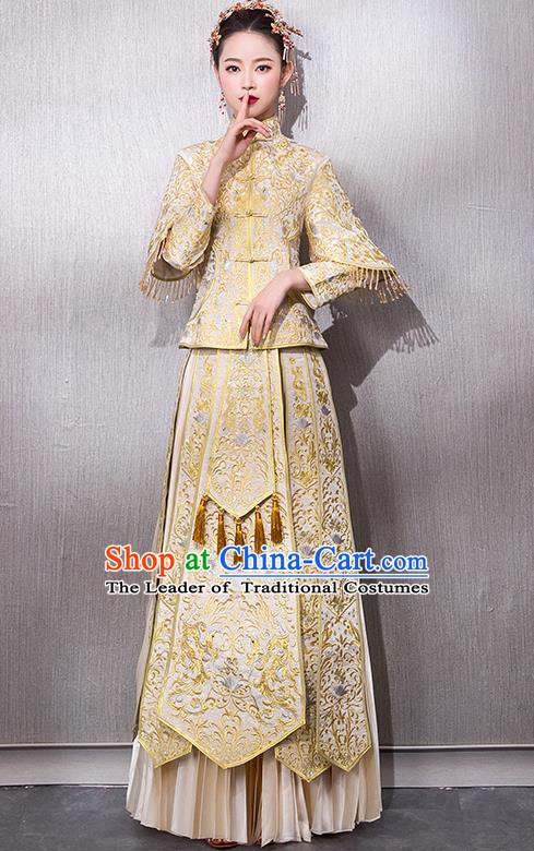 Chinese Traditional Bridal Golden Xiuhe Suit Embroidered Wedding Dress Ancient Bride Cheongsam for Women