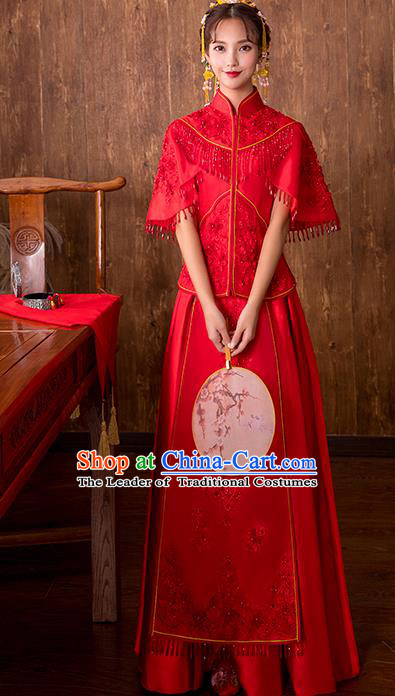 Chinese Traditional Embroidered Wedding Costume Bridal Xiuhe Suit Ancient Toast Cheongsam for Women