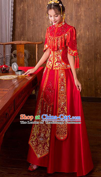 Chinese Traditional Embroidered Bottom Drawer Bridal Wedding Xiuhe Suit Ancient Toast Cheongsam for Women