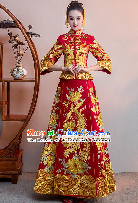 Chinese Traditional Bridal Red Xiuhe Suit Embroidered Phoenix Wedding Dress Ancient Bride Cheongsam for Women