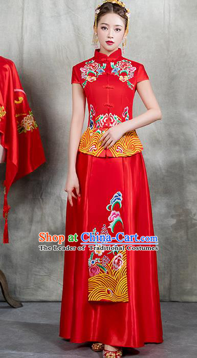 Chinese Traditional Embroidered Peony Bridal Xiuhe Suit Ancient Wedding Toast Red Cheongsam Dress for Women