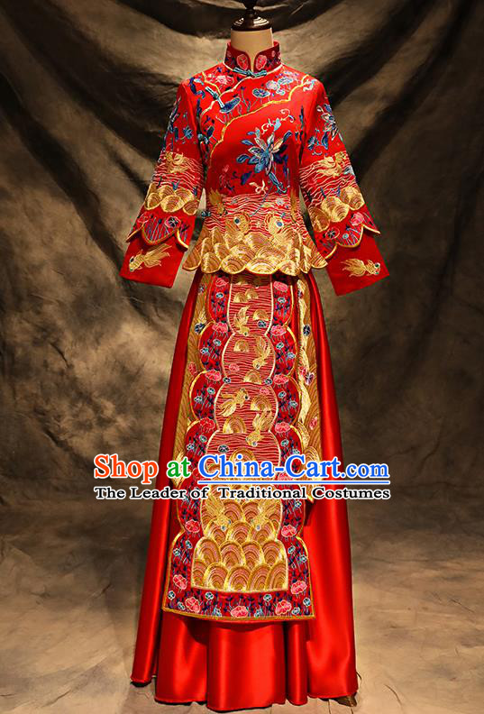 Traditional Chinese Toast Cheongsam Ancient Embroidered Bottom Drawer Xiuhe Suit Wedding Dress for Women