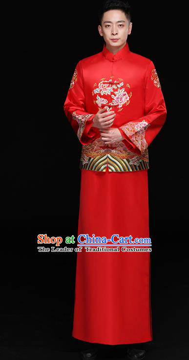 Chinese Traditional Bridegroom Embroidered Peony Costume Ancient Tang Suit Red Clothing for Men