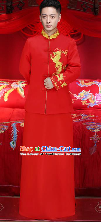 Chinese Traditional Bridegroom Embroidered Golden Dragons Costume Ancient Tang Suit Red Clothing for Men